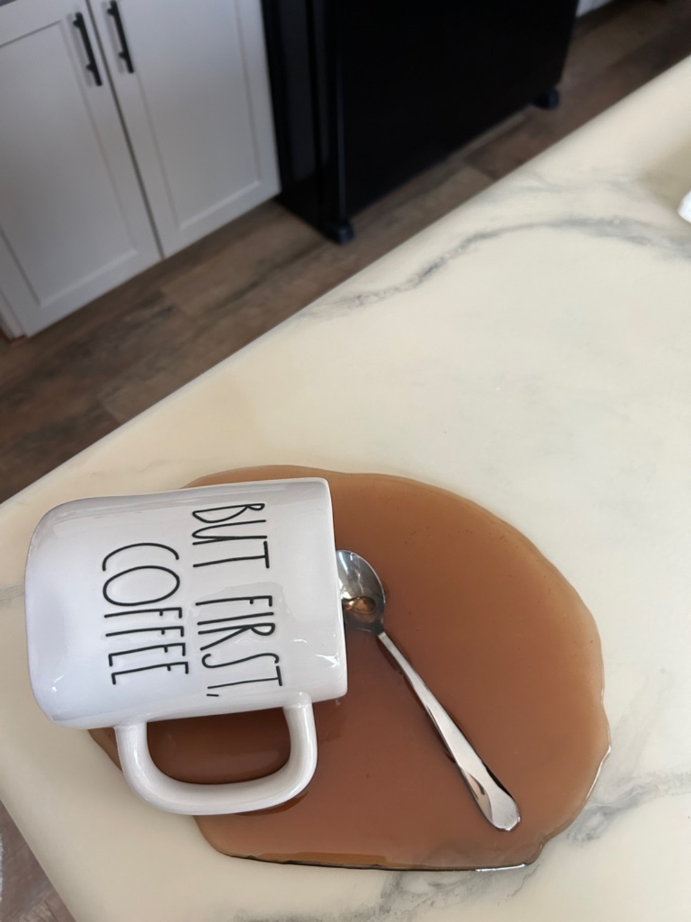 Realistic Fake Coffee Spill Featuring Rae Dunn “ But Coffee First” Mug   FUN !!